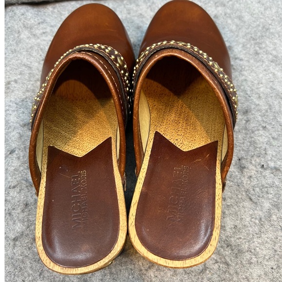 Michael Kors Studded‎ Leather Clogs Mules Brown Wooden Heel Women's Shoes Size 7 - Picture 5 of 9